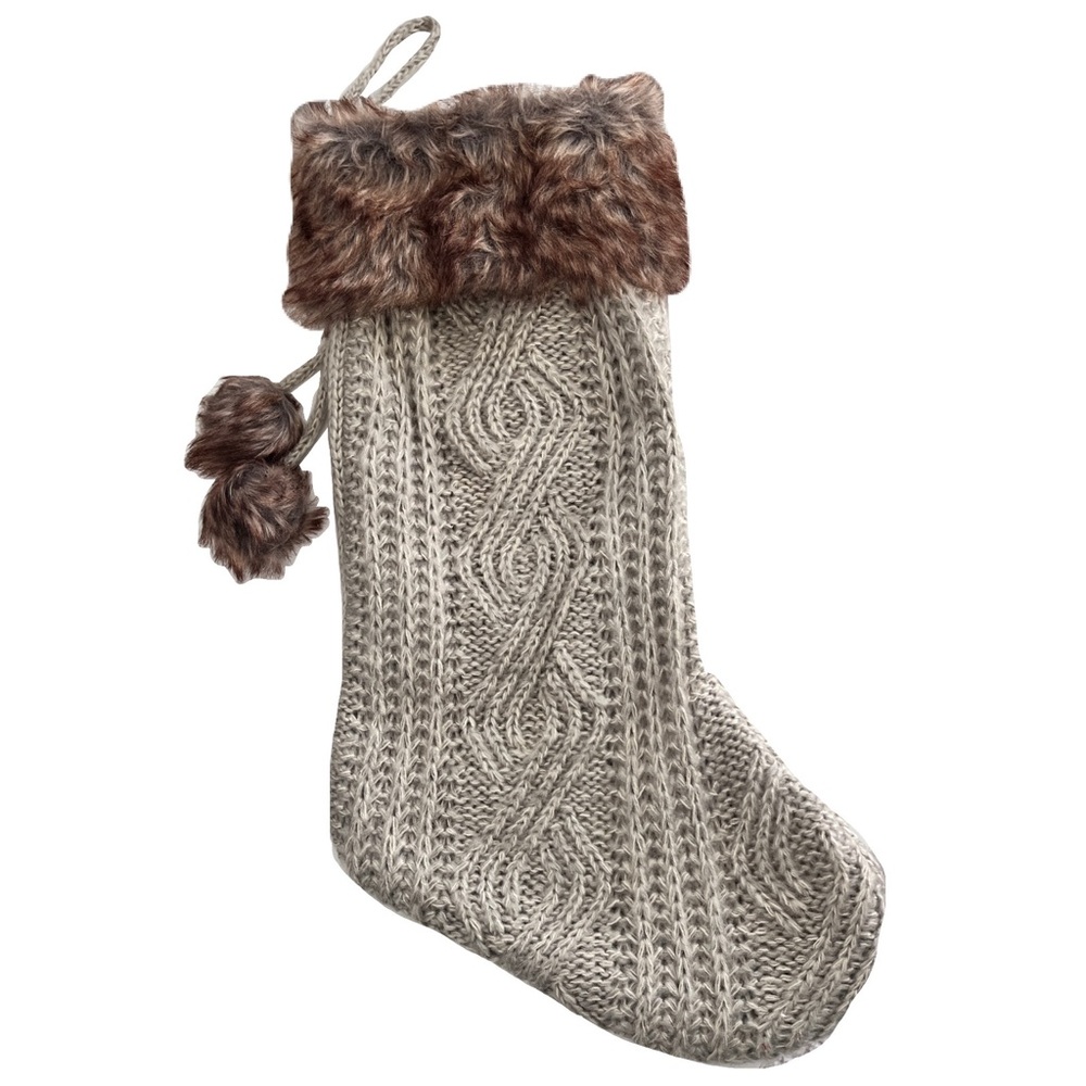 Grey Cable Knit Brown Faux Fur Christmas Holiday Stocking